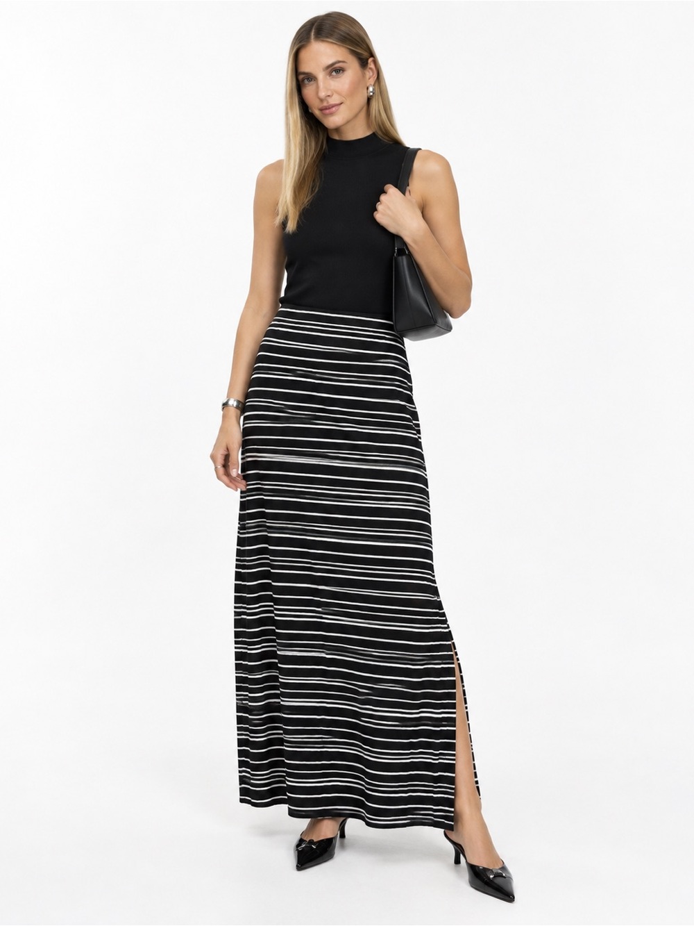 a.n.a Black White Striped Maxi Skirt Small Foldover Waist Stretch Knit Casual